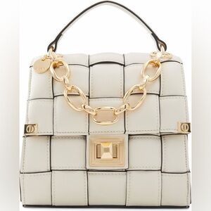 Aldo Palmata Woven Leather Top-Handle Bag Off-White with Gold Chain